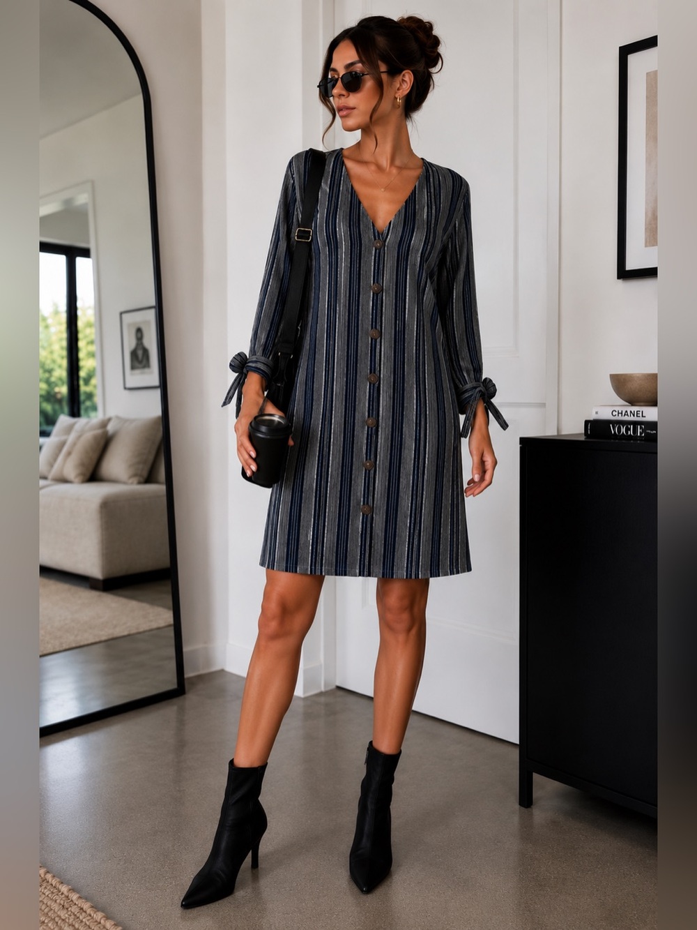 Umgee Striped Cotton Button Front Dress Blue Gray Size L Boho Chic